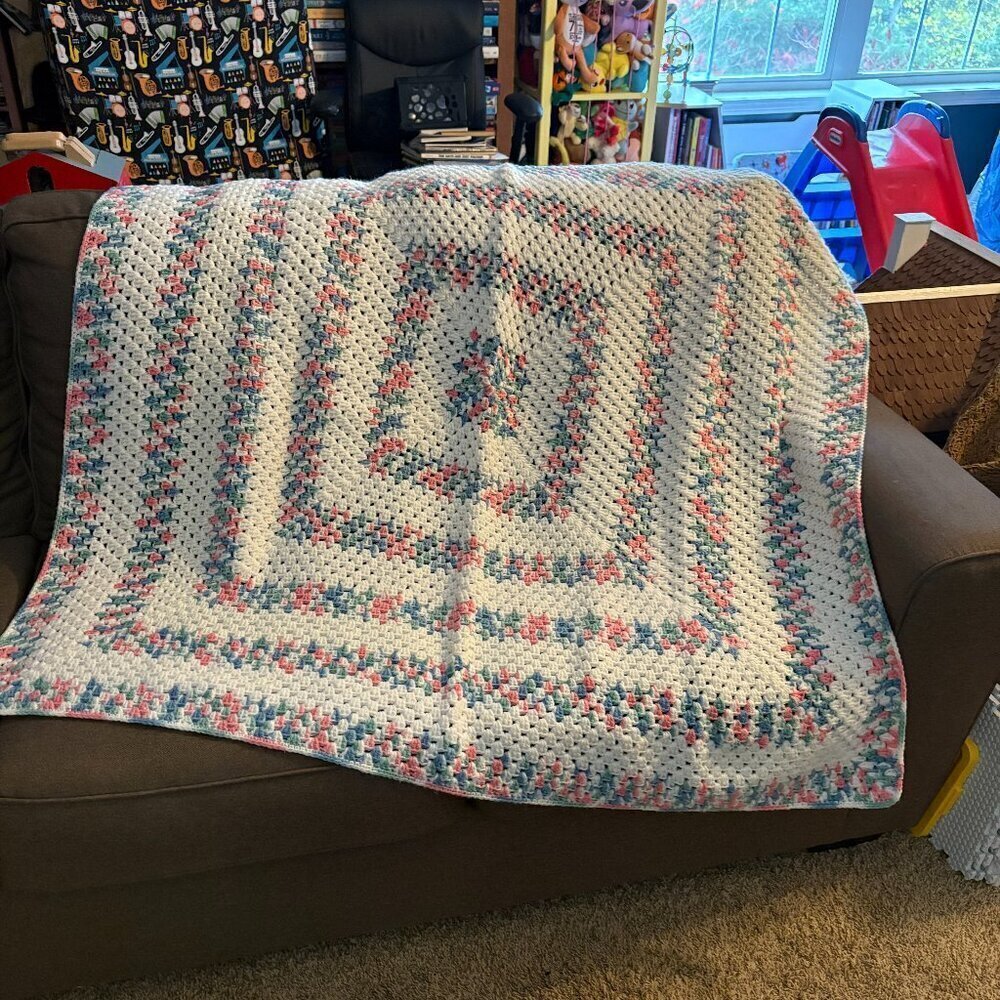 Handmade gender neutral colorful crochet baby blanket
